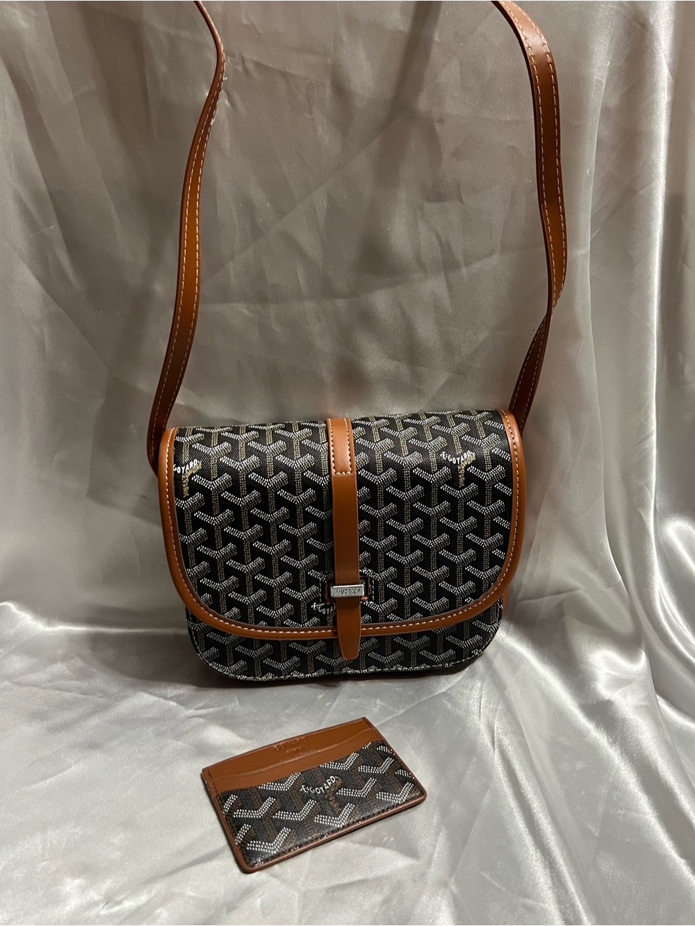 Inspired Go Black and Brown Patterned Crossbody Bag with Card Holder